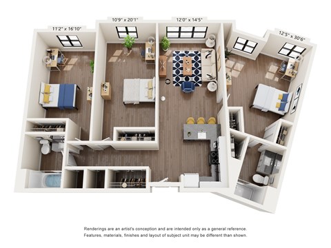 Floor plan for 3 beds, 2 baths, 1536 sqft